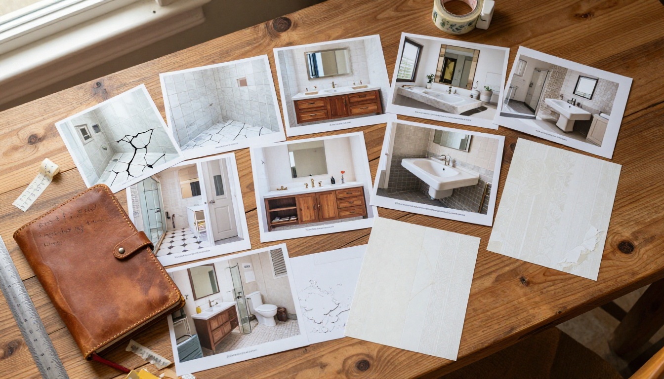 Before and after bathroom renovation photographs arranged chronologically on a rustic wooden table Before and after bathroom renovation photographs arranged chronologically on a rustic wooden table