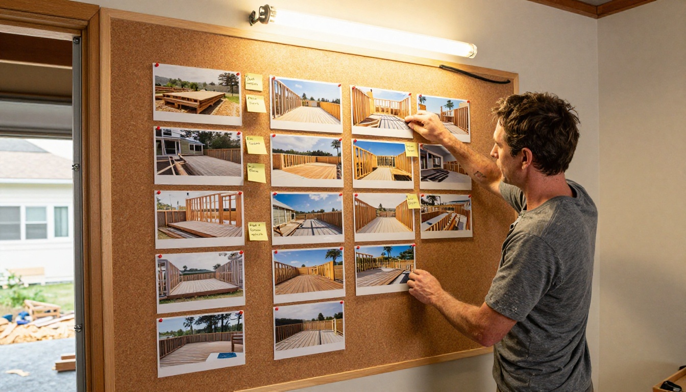 Man organizing DIY project photos in sequence on a large cork board in a garage workshop Man organizing DIY project photos in sequence on a large cork board in a garage workshop