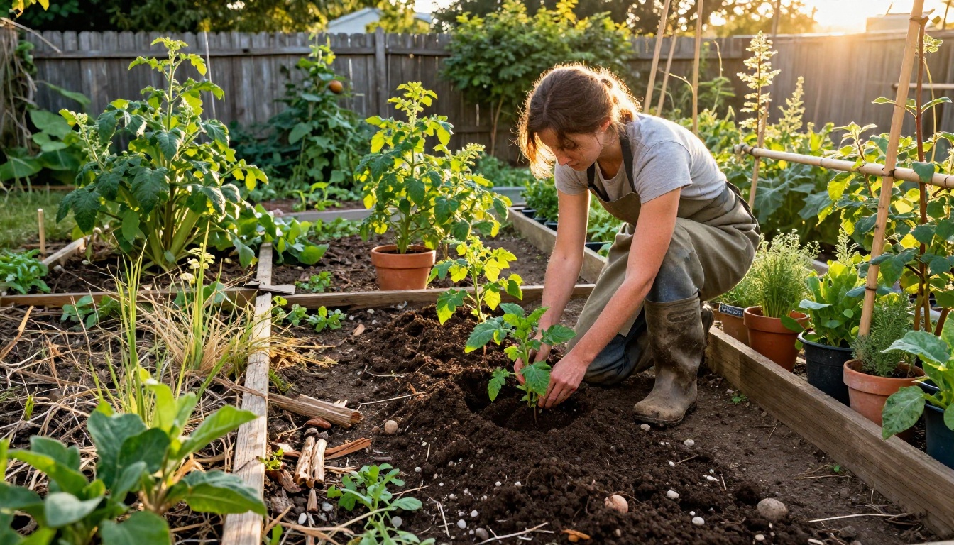 Woman kneeling among newly built cedar raised garden beds in a transformed backyard, rich dark soil visible