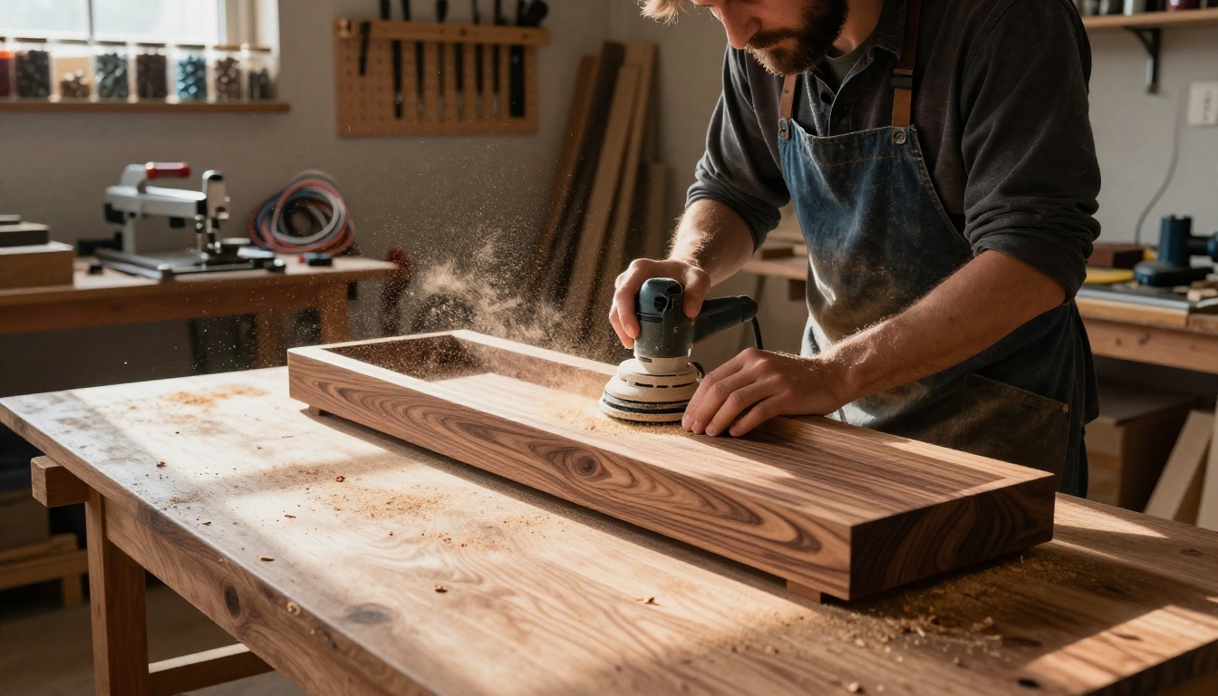 Woodworker sanding a handcrafted walnut coffee table in a workshop with sawdust flying in the air
