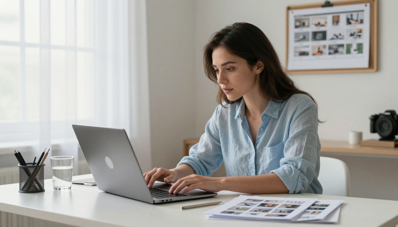 Young woman uploading renovation photos to a laptop with a PDF document open on the screen Young woman uploading renovation photos to a laptop with a PDF document open on the screen