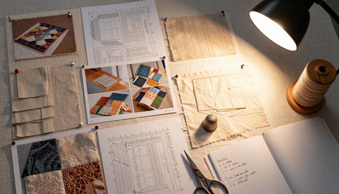 Flat lay of a sewing project with fabric swatches, printed progress photos, and handwritten pattern notes on a linen worktable