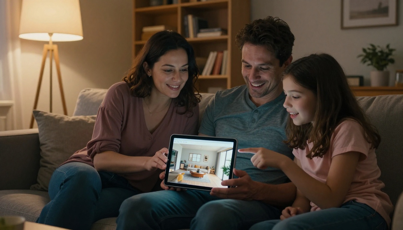 Family of three on a cozy sofa smiling as they flip through a home renovation flipbook on a glowing tablet