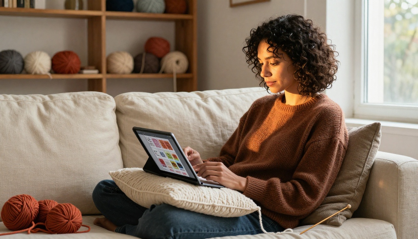 Woman with dark curly hair browsing a knitting pattern flipbook on a tablet, sitting on a cream linen sofa with yarn around her