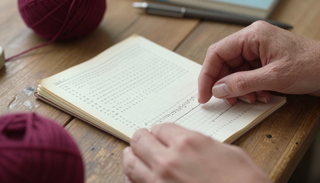 Hands turning the pages of a knitting pattern booklet on a rustic oak table