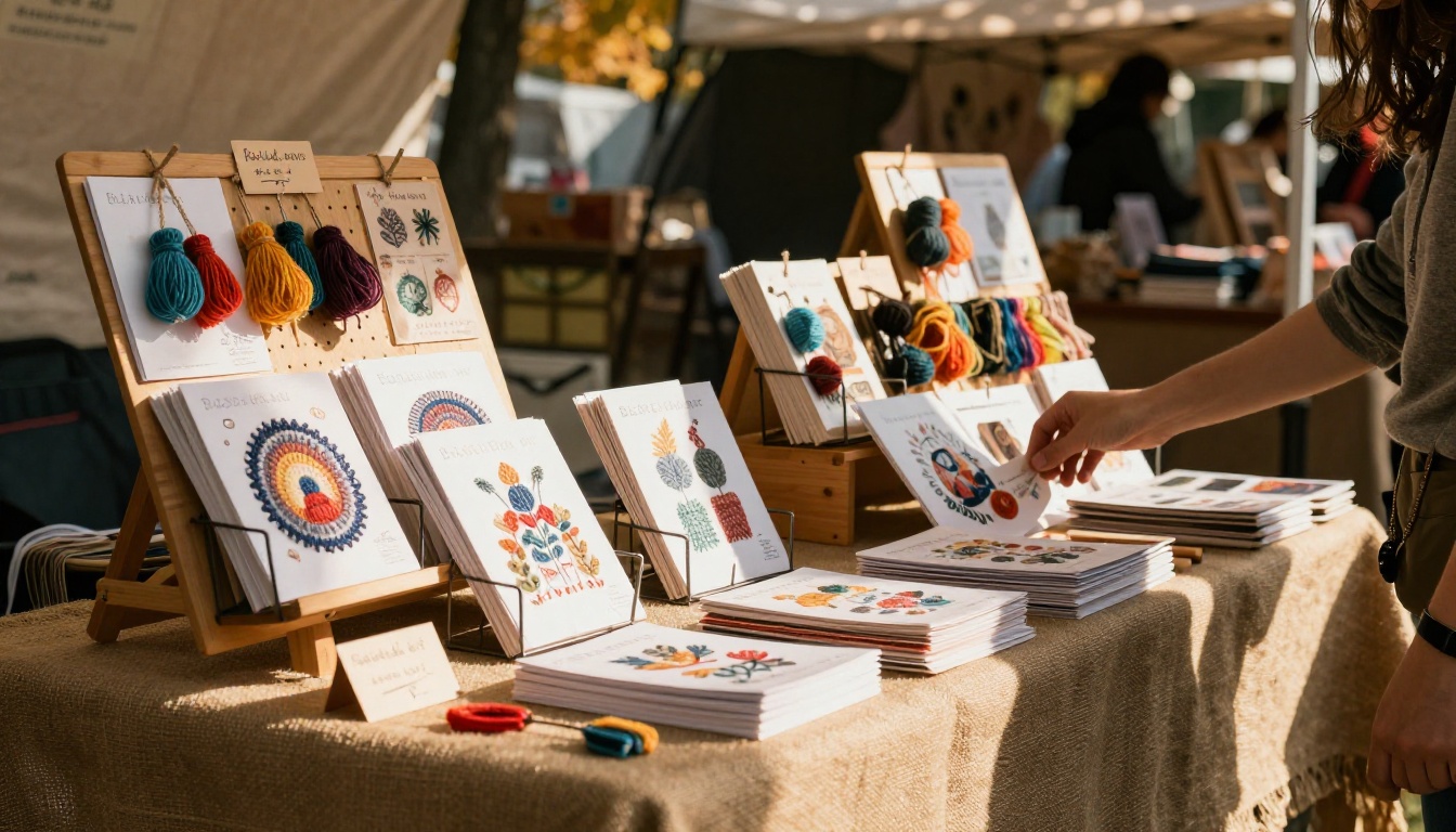 A cozy craft fair booth with knitting pattern booklets displayed in wire racks and yarn samples on a pegboard
