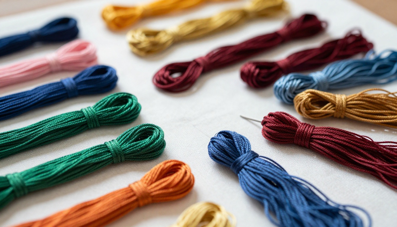 Colorful silk embroidery thread skeins arranged in a rainbow fan on white linen