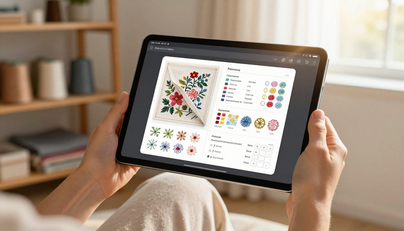 Woman's hands holding a tablet displaying a digital flipbook with embroidery stitch patterns