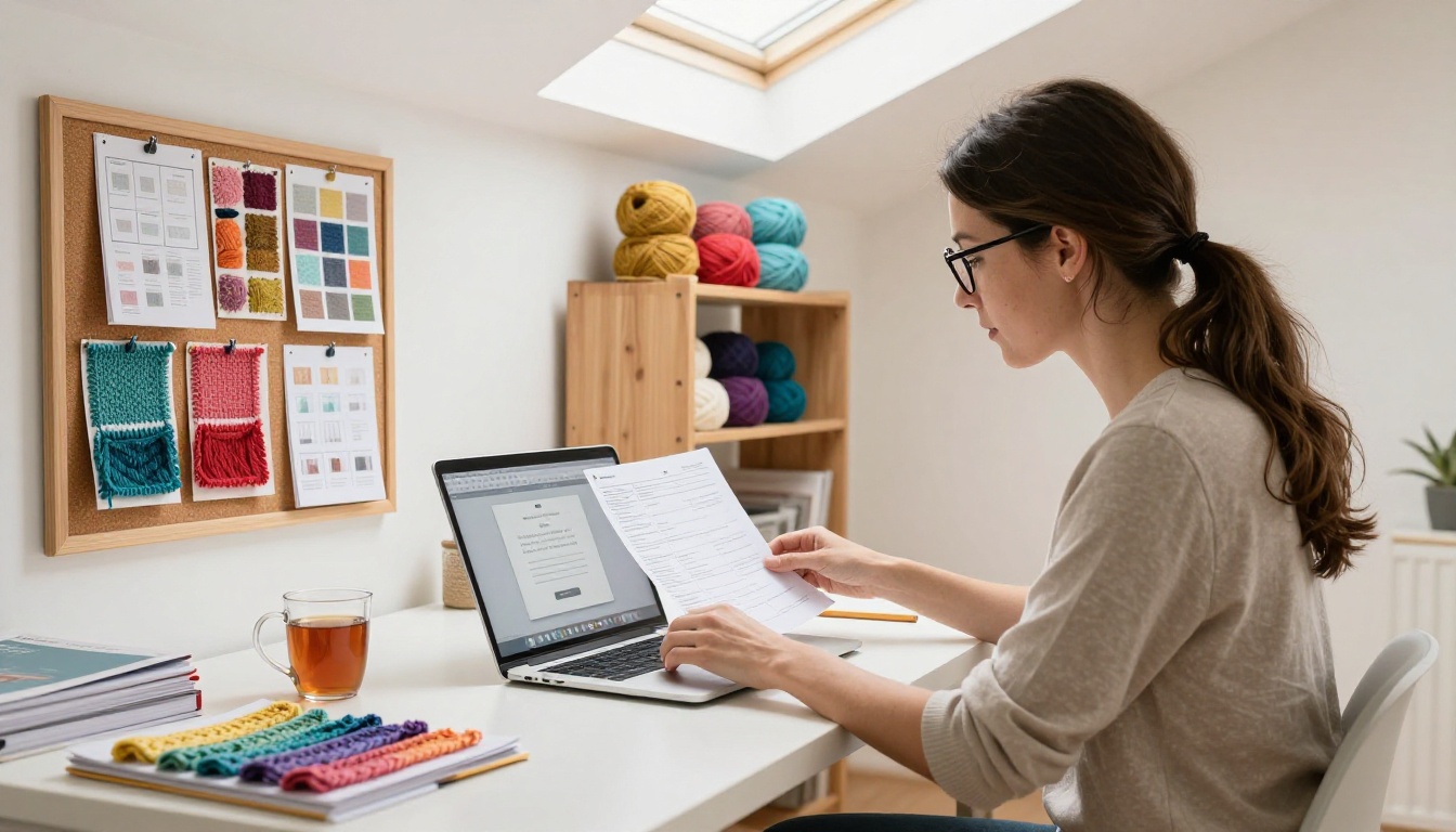 Professional woman with reading glasses at a home studio desk uploading a PDF pattern file to her laptop