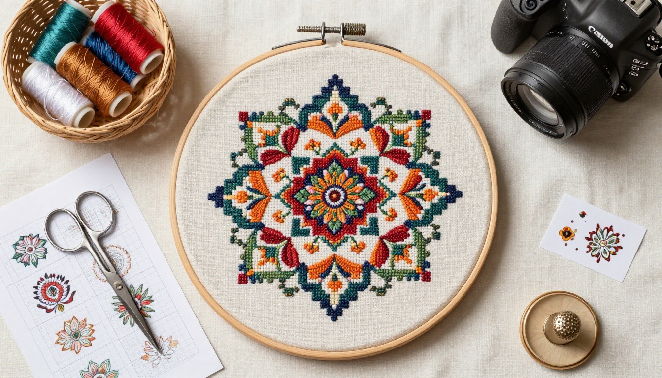 Top-down flat lay of an embroidery hoop with a cross-stitch floral mandala in progress on linen