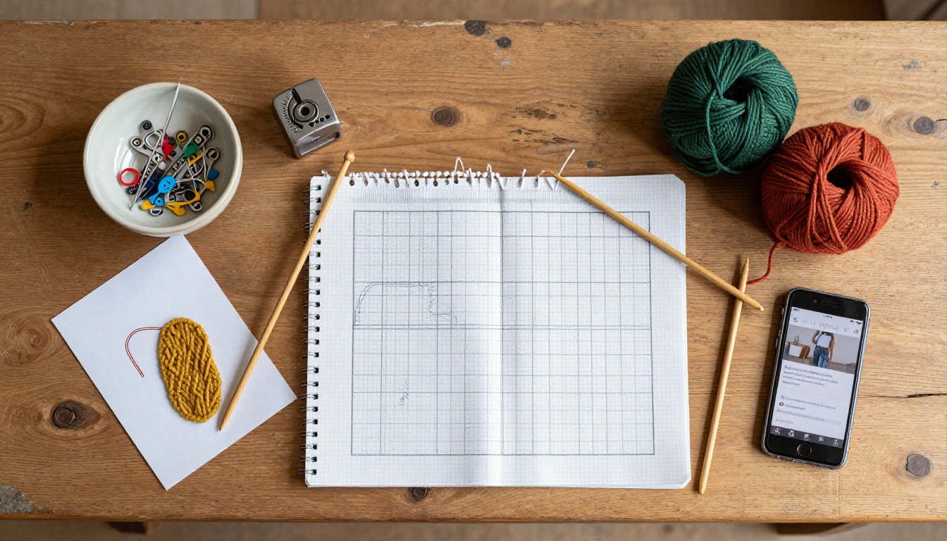Aerial flat-lay of knitting tools on an oak worktable including bamboo needles, stitch markers, graph paper chart, and a smartphone showing a digital pattern shop