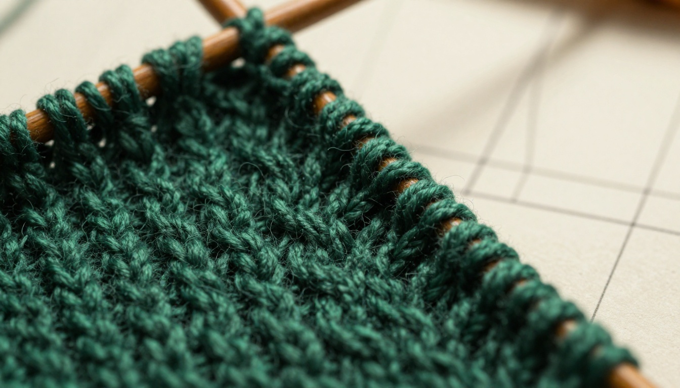 Extreme close-up of intricate cable-stitch knitting in forest green merino wool with a pattern chart blurred in the background
