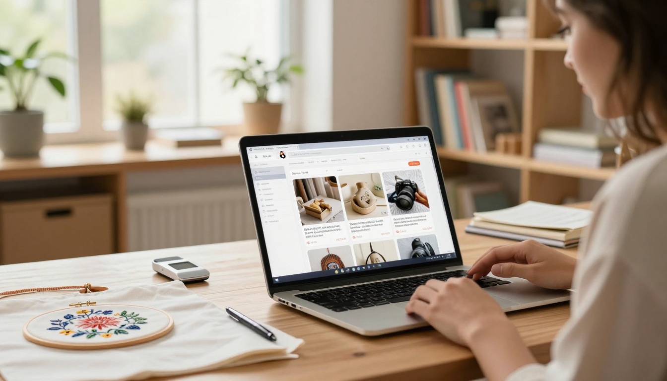 Craft business owner reviewing an online embroidery pattern shop on a laptop at a bright home office
