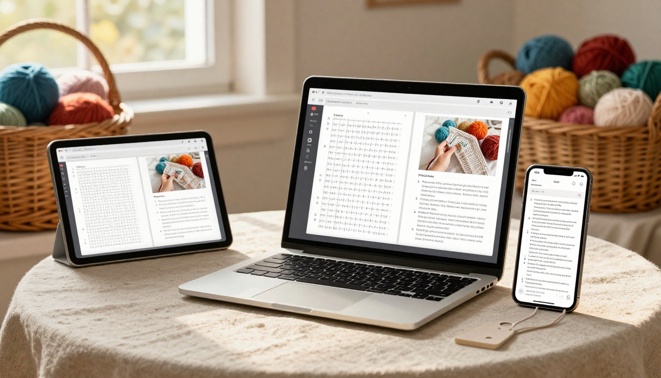 A laptop, tablet, and smartphone arranged on a linen-covered table each showing the same knitting pattern flipbook at different stages, with a wicker basket of yarn behind them