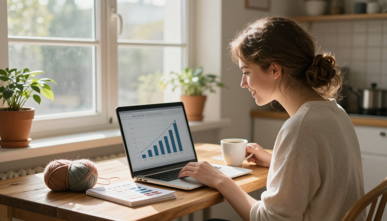 Young woman with light brown hair reviewing sales analytics on a laptop at a sunlit kitchen table with yarn samples nearby