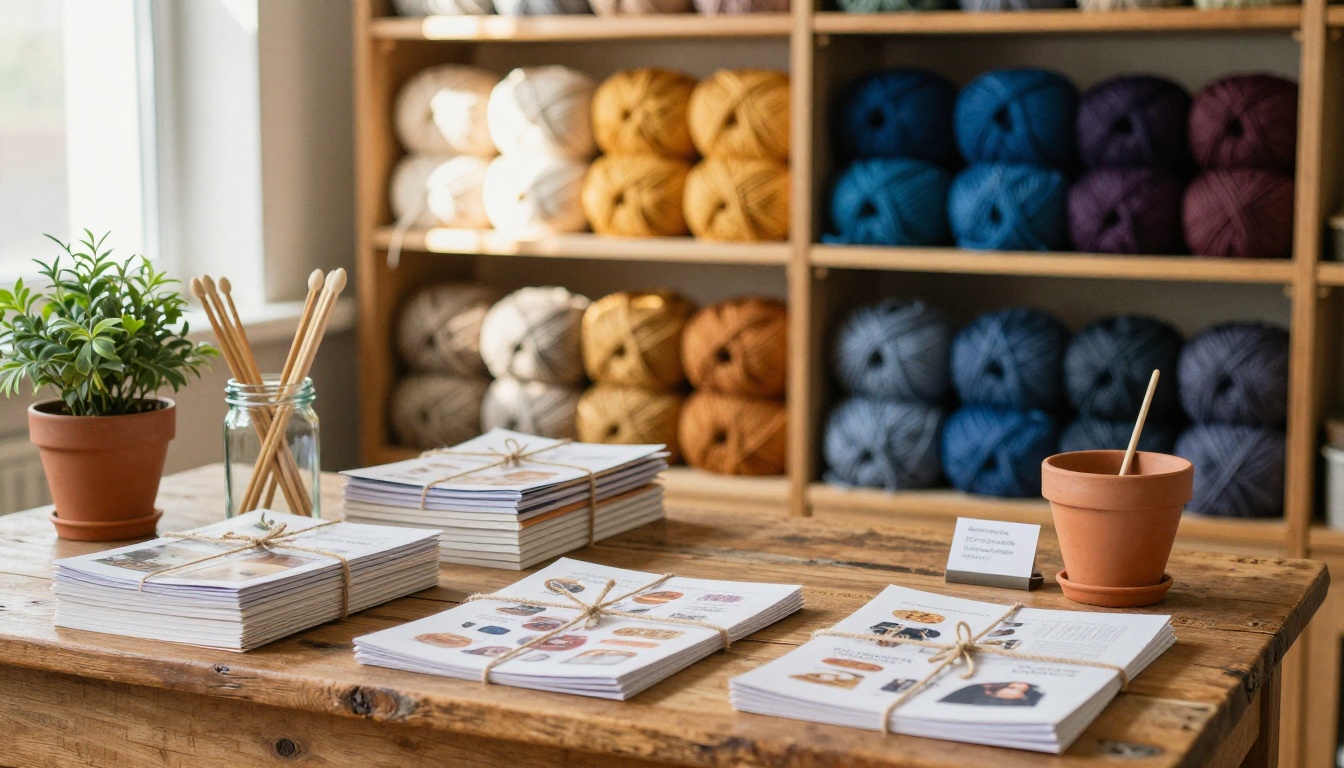 A beautifully arranged knitting seller's workspace with stacked pattern booklets, wooden needles, and yarn organized by color on open shelving