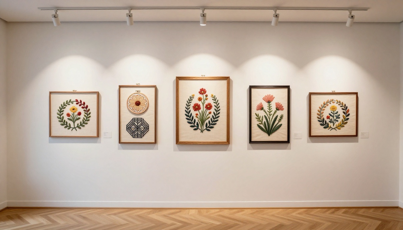 Six framed embroidery hoop pieces displayed in a gallery-style arrangement on a clean white wall
