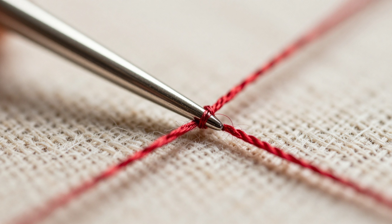 Extreme macro close-up of a silver embroidery needle threading red silk thread through natural linen