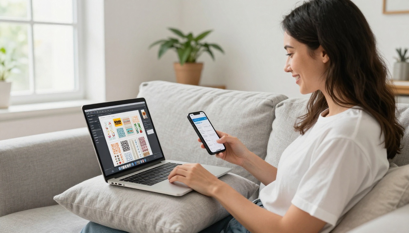 Embroidery designer on a linen sofa reviewing her digital pattern flipbook on phone and laptop