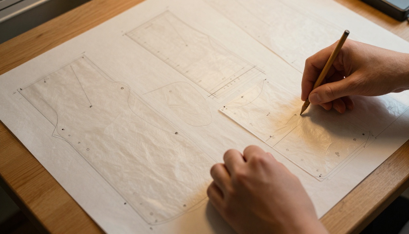 Sewing pattern pieces organized on a light table