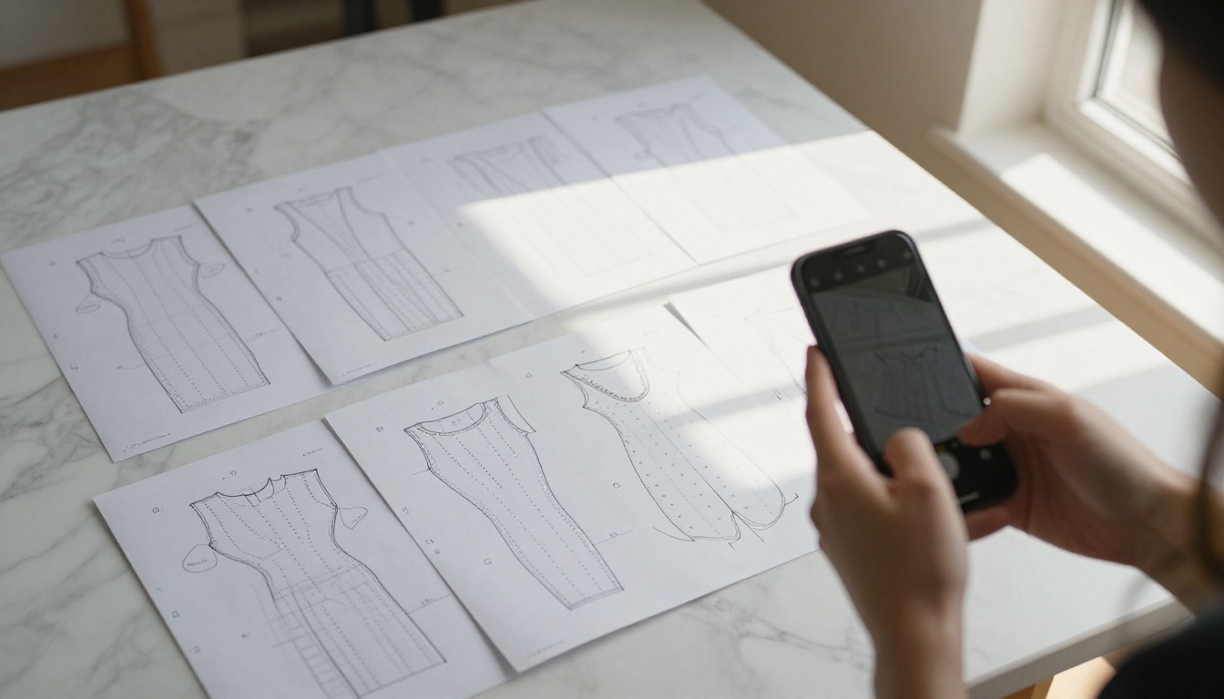 Woman photographing sewing pattern instruction sheets on marble surface