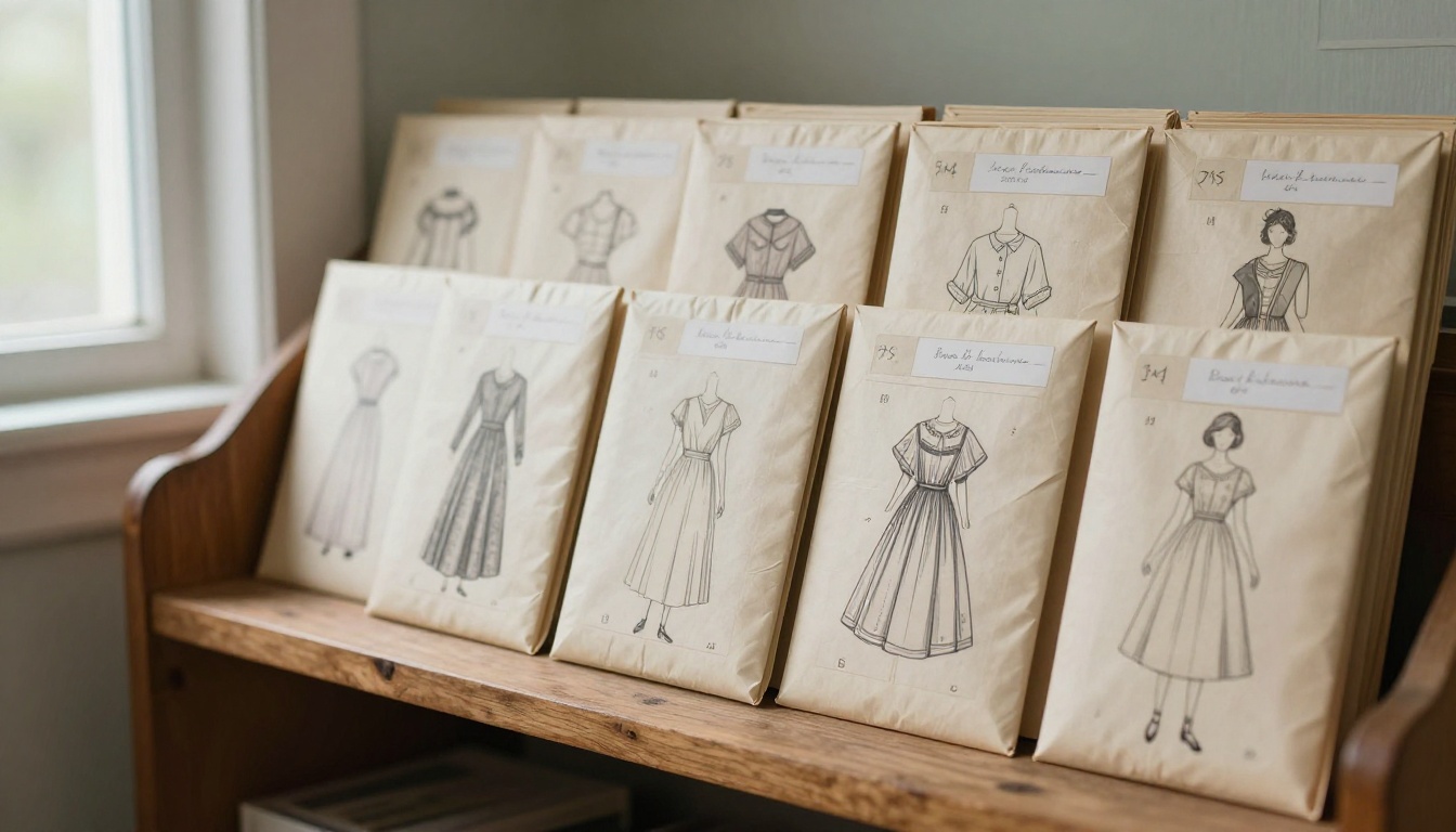 Sewing pattern envelopes neatly organized on a craft room shelf