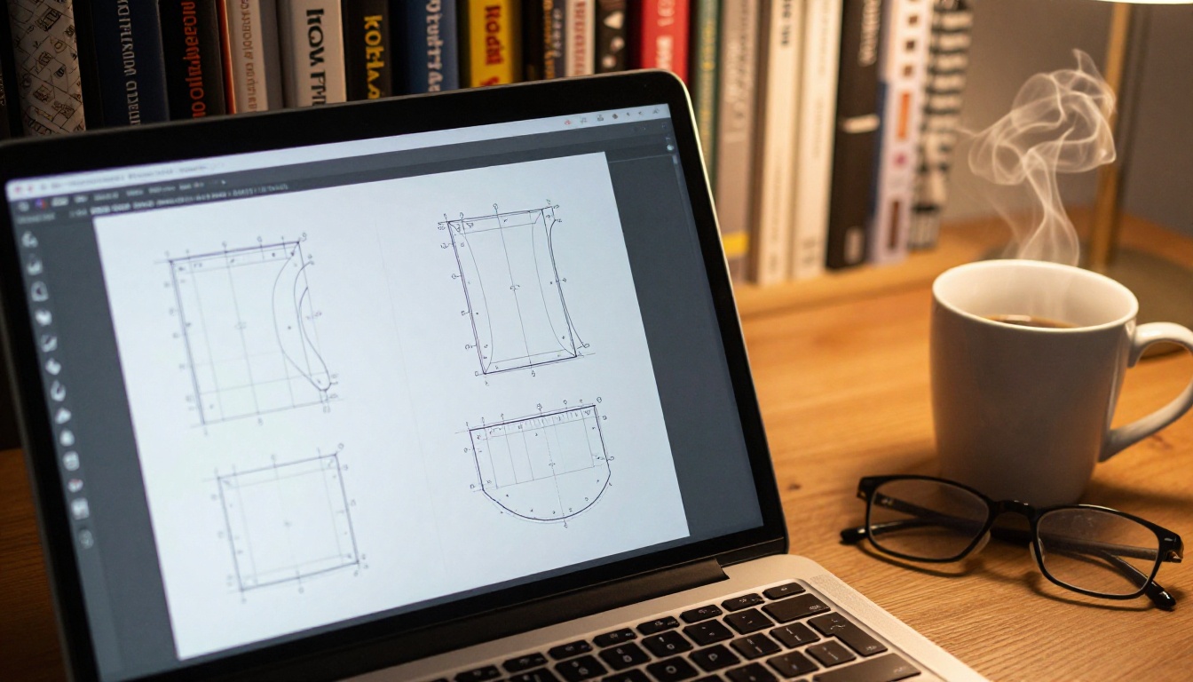 Laptop on an oak desk displaying a digital sewing pattern flipbook