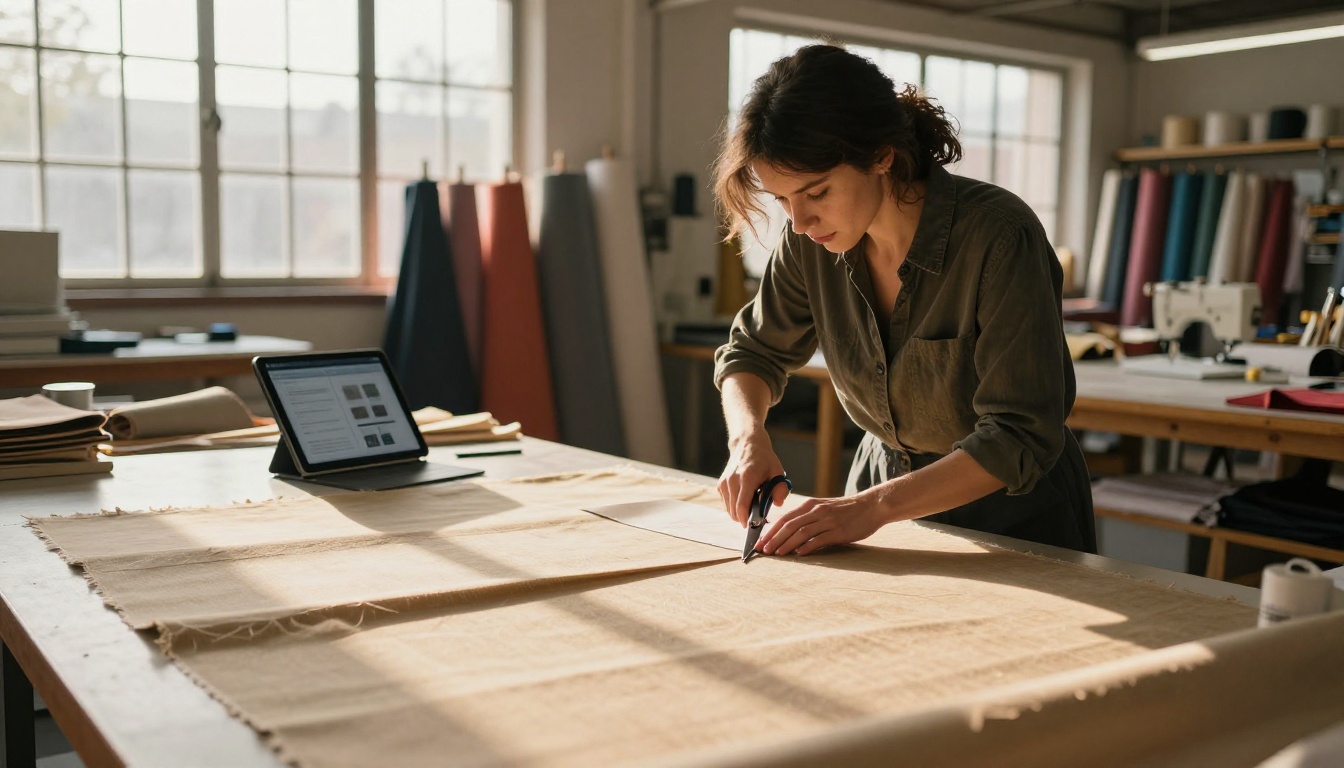 Woman at cutting table using a tablet with a digital flipbook open beside her