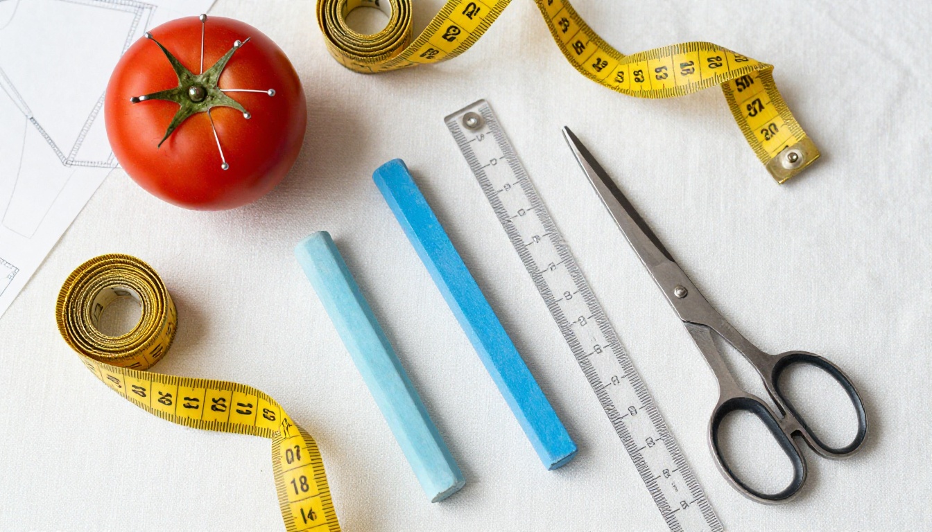 Editorial flat-lay of sewing tools on white linen surface