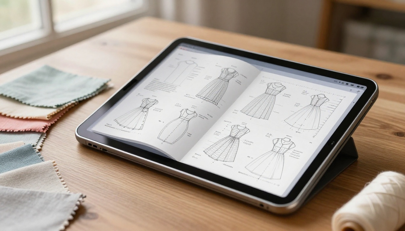 Tablet displaying a sewing pattern catalog flipbook with fabric swatches alongside