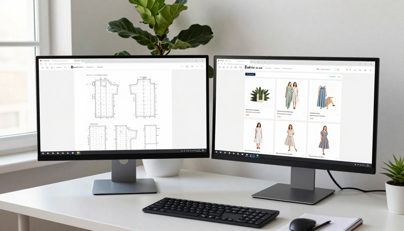 Online pattern seller with dual monitor setup showing PDF and e-commerce storefront