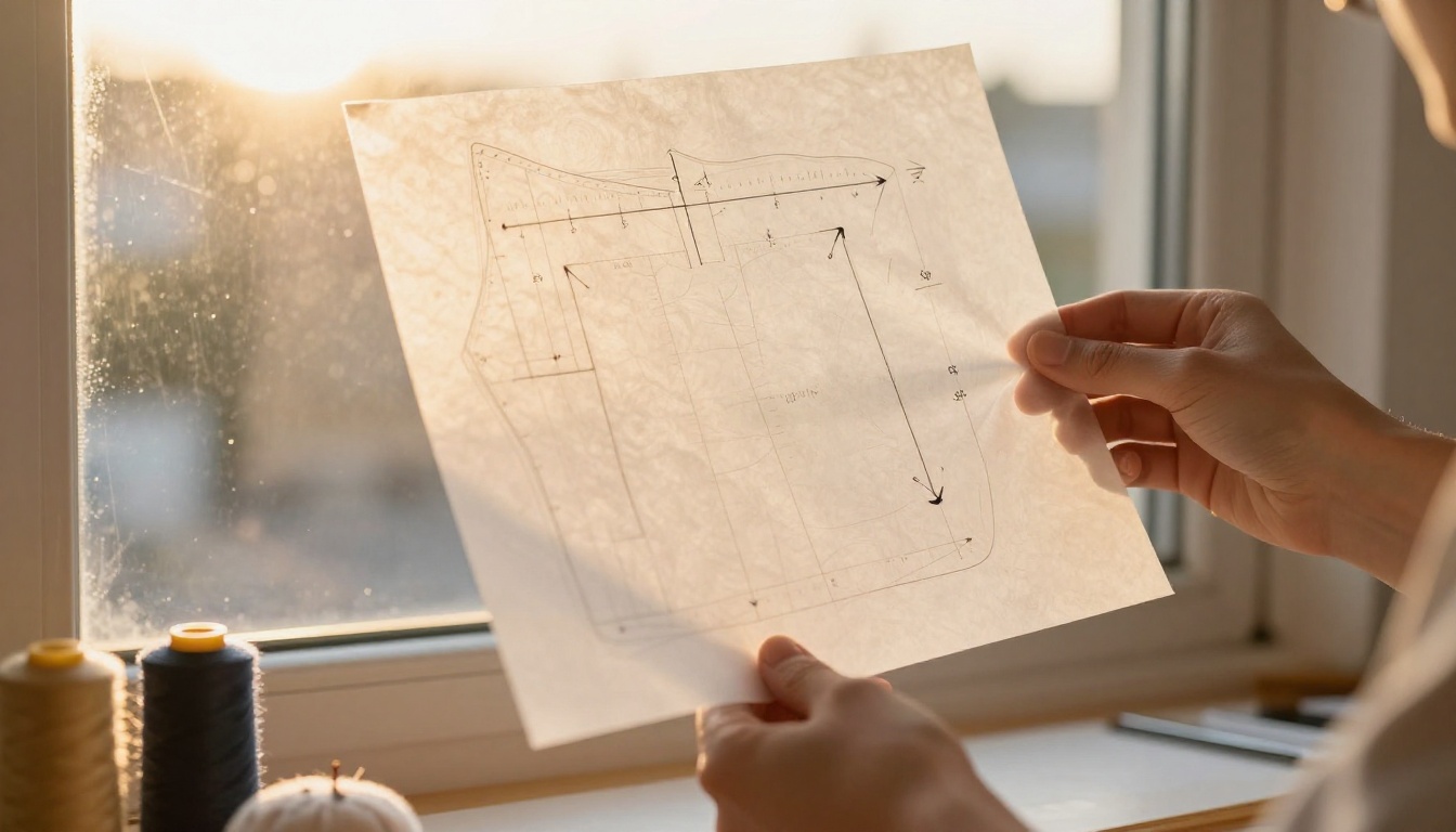 Hands holding a sewing pattern piece backlit against a bright window in an atelier