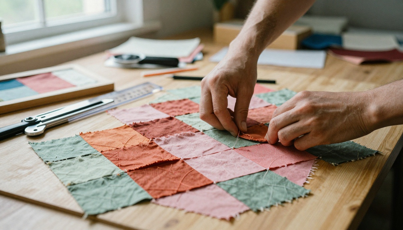 Quilter's hands arranging colorful patchwork fabric squares on a wooden cutting mat