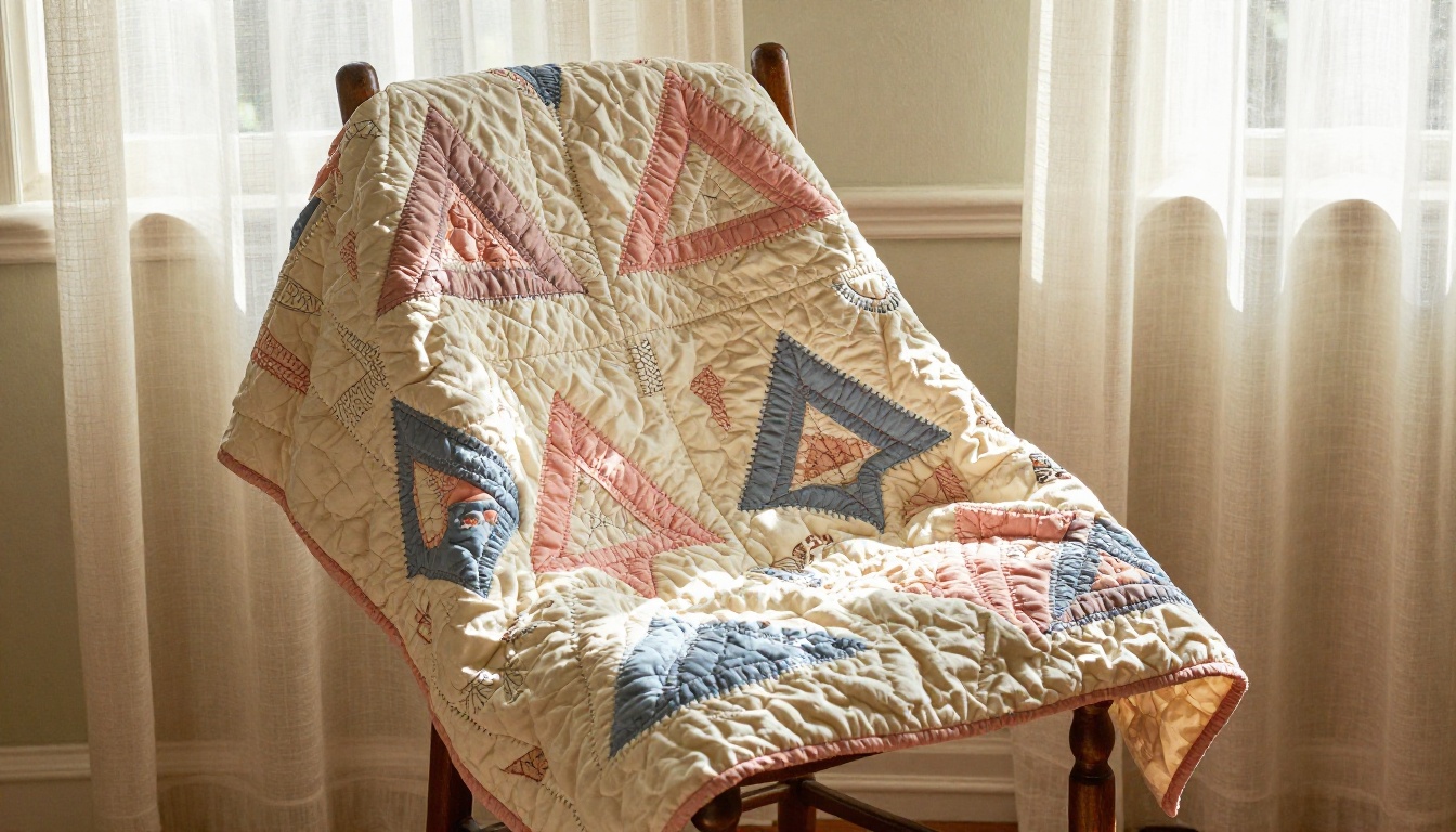 Completed heirloom cathedral windows quilt draped over a vintage wooden chair in a sunlit cottage room