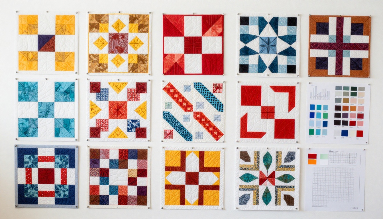 Quilter's organized design workspace showing quilt block samples pinned to a white design wall Quilter's organized design workspace showing quilt block samples pinned to a white design wall