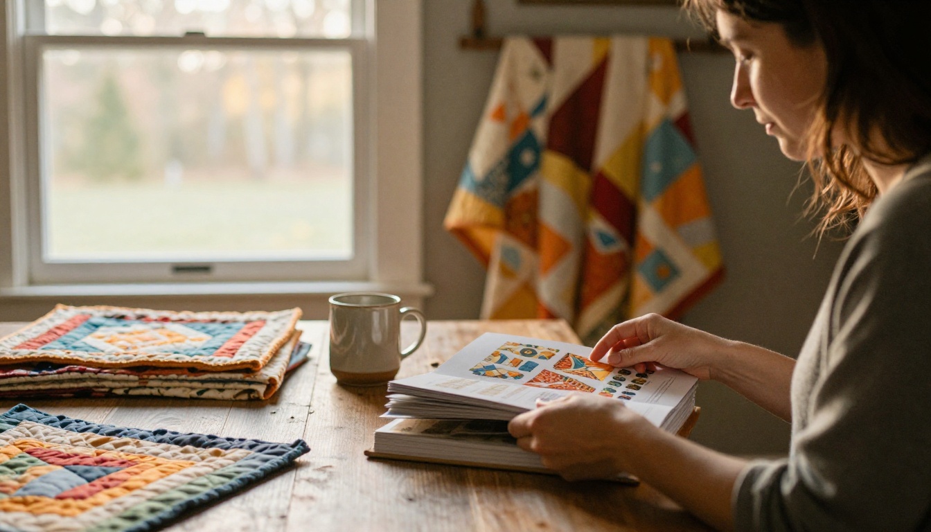 Woman sitting at a farmhouse table gently turning pages of a quilt design lookbook portfolio Woman sitting at a farmhouse table gently turning pages of a quilt design lookbook portfolio