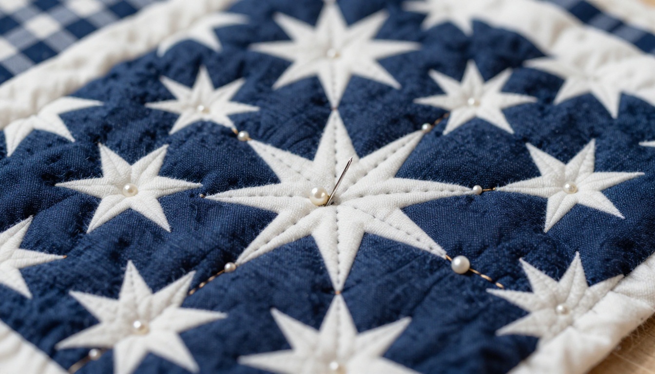 Macro close-up of intricate hand quilting stitches on a traditional navy blue and white star pattern quilt Macro close-up of intricate hand quilting stitches on a traditional navy blue and white star pattern quilt