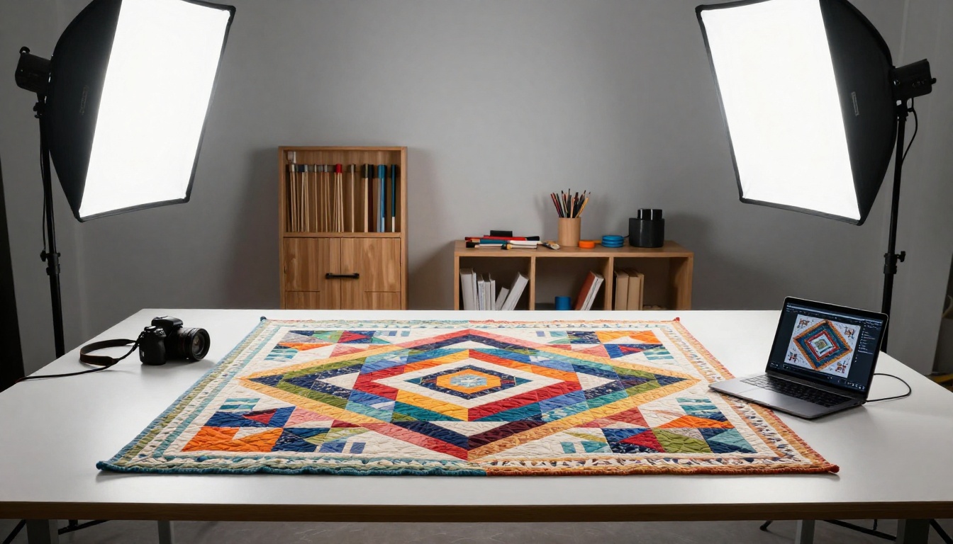 Professional photography setup for documenting quilts with overhead tripod and softbox lighting