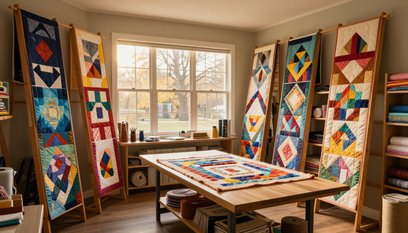 Cozy quilting studio with multiple finished quilts displayed on wooden ladders and hanging rods Cozy quilting studio with multiple finished quilts displayed on wooden ladders and hanging rods
