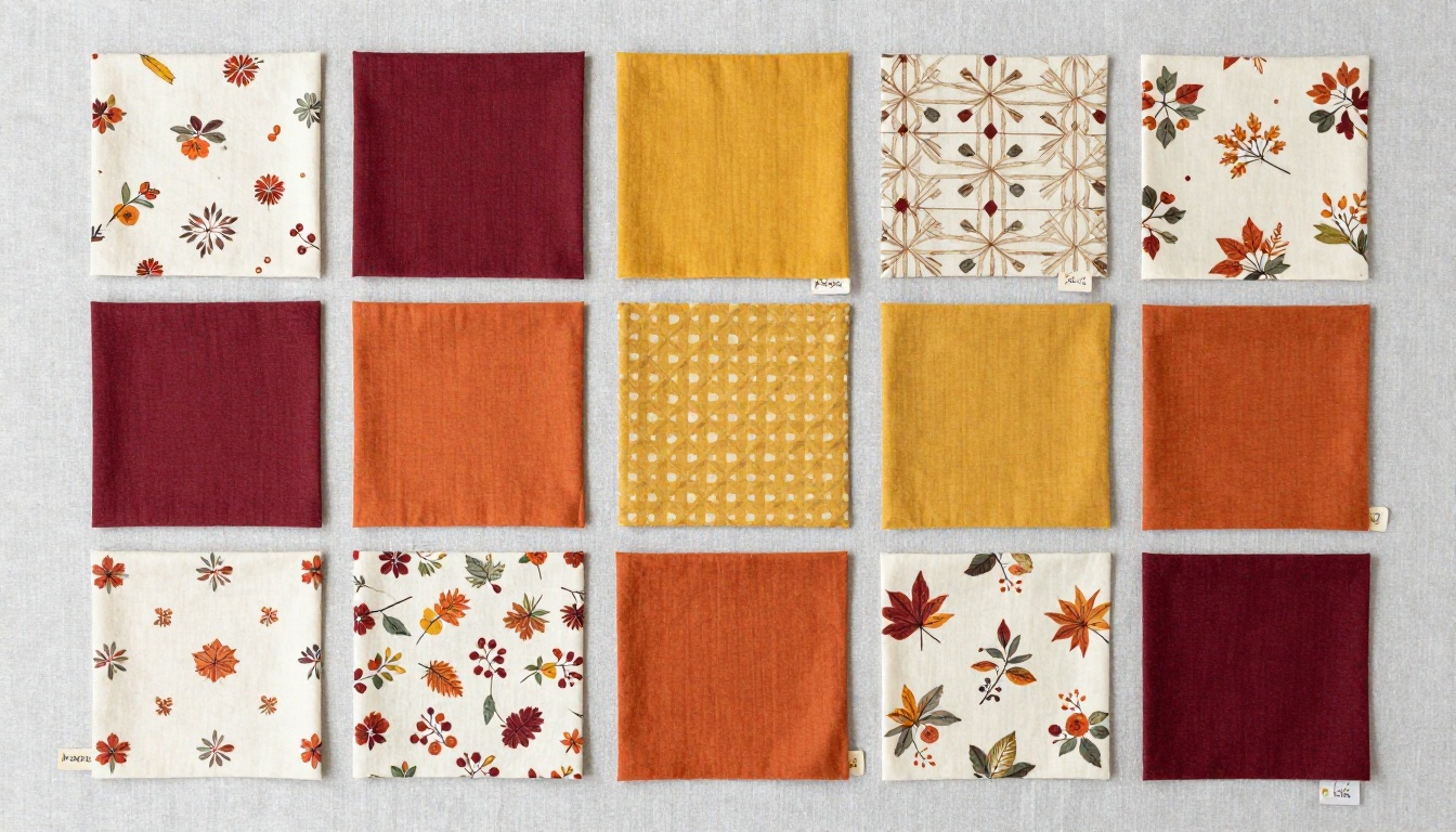 Curated quilt fabric swatches arranged in a color-coordinated grid on a grey linen surface
