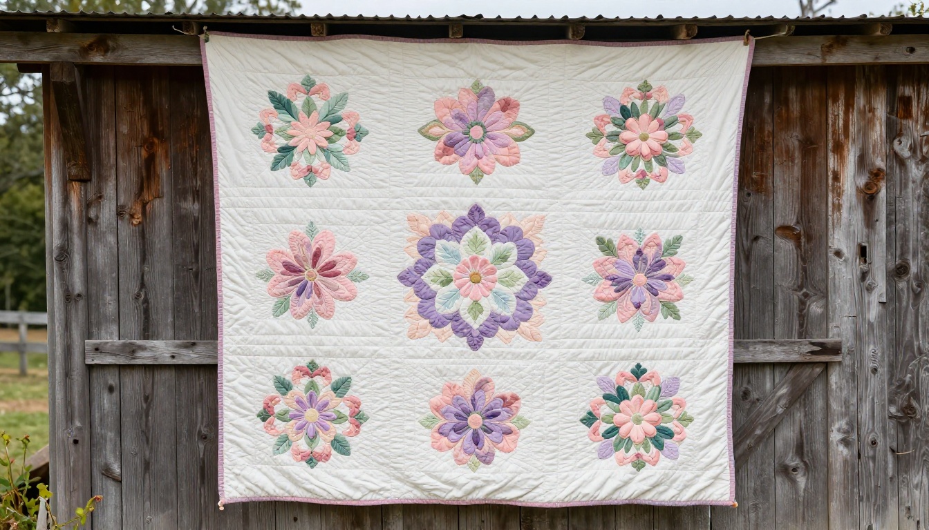 King-sized medallion quilt hung on a rustic barn wood wall outdoors in natural diffused light