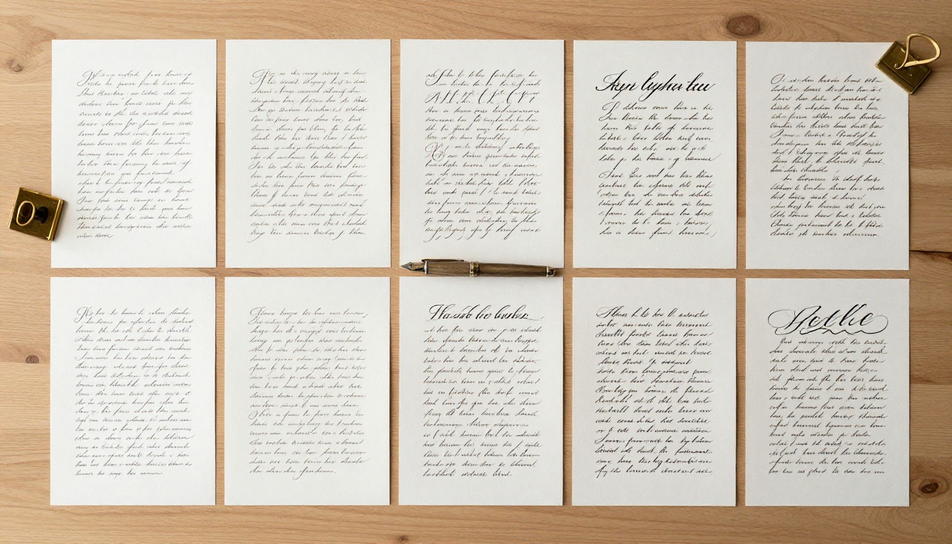 Calligraphy portfolio samples spread across a wooden desk