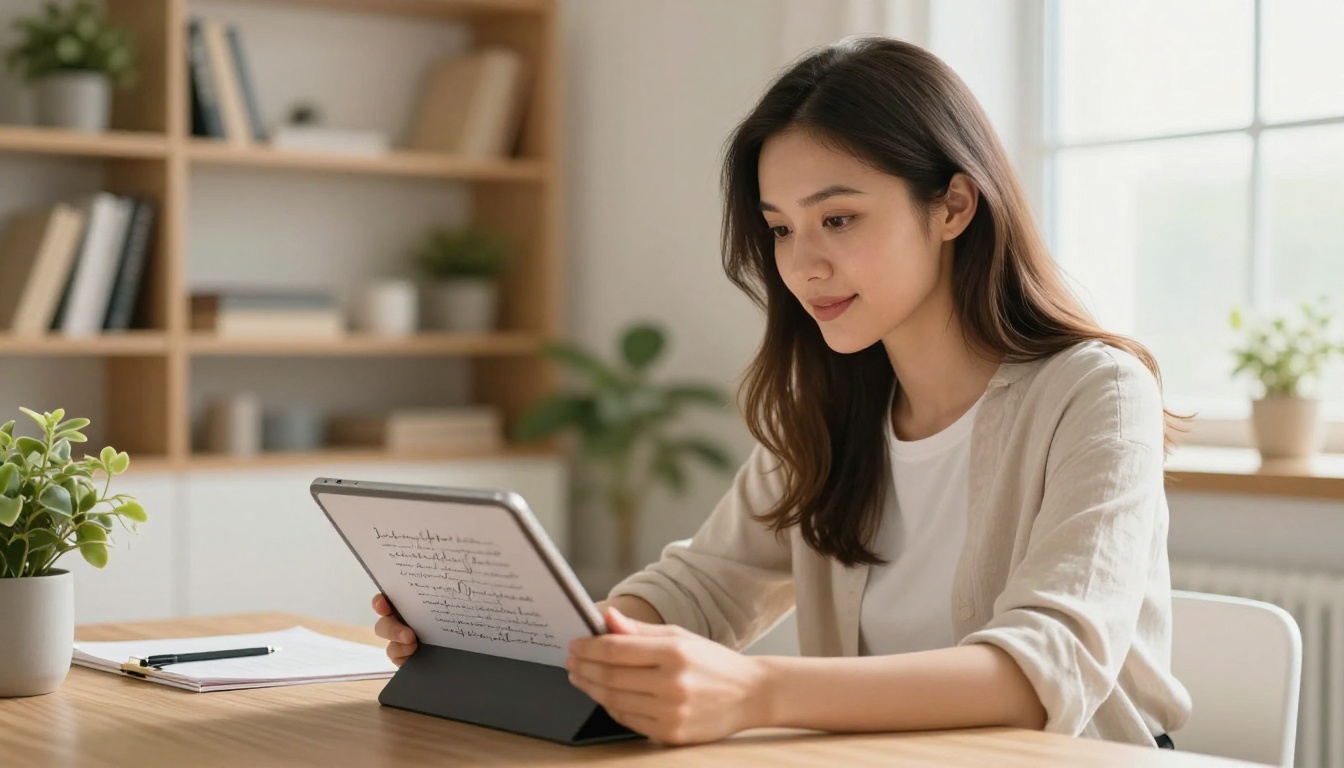 Young professional woman holding a tablet displaying a digital calligraphy flipbook portfolio