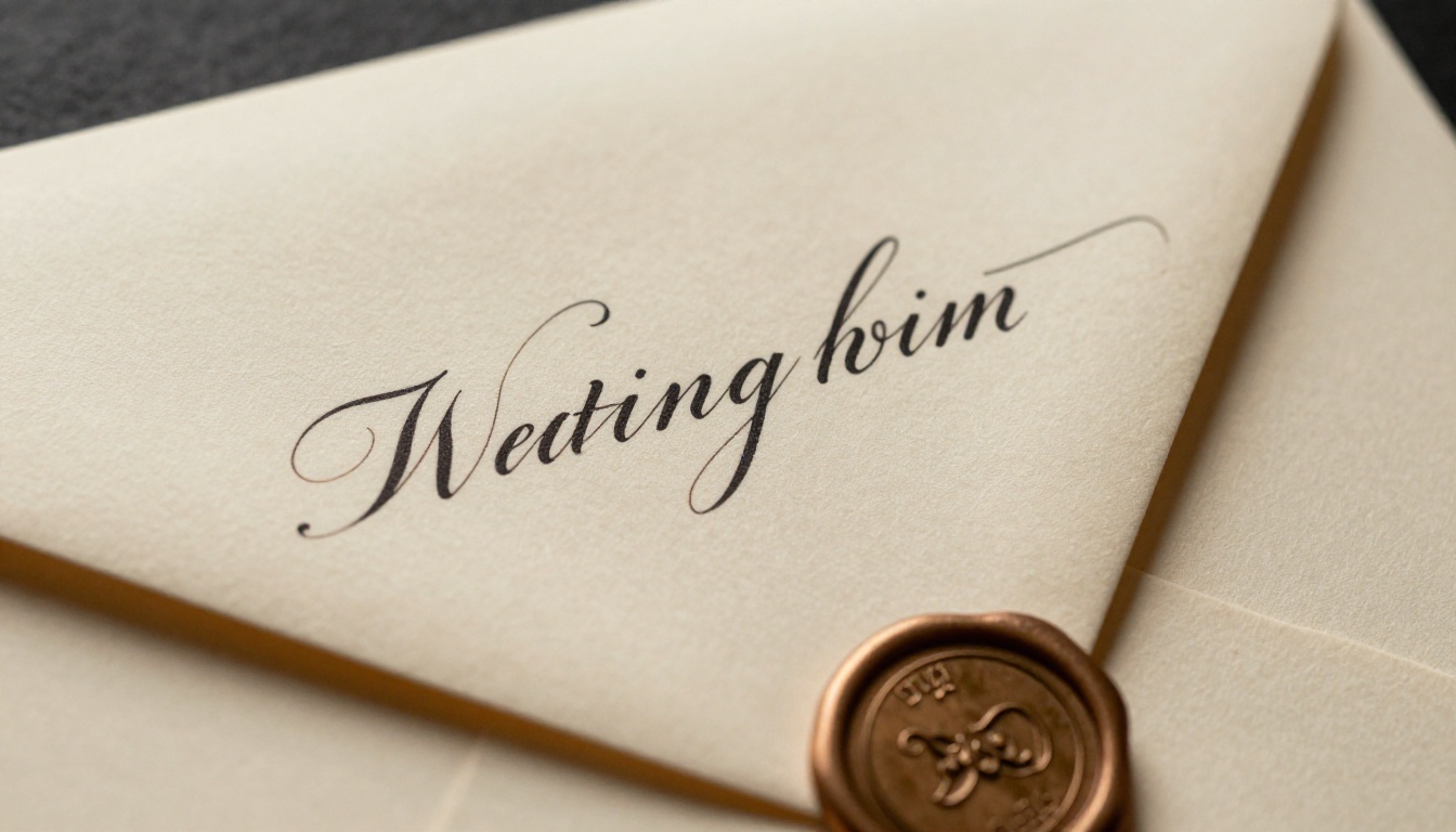 Wedding calligraphy envelope with copperplate script and wax seal visible