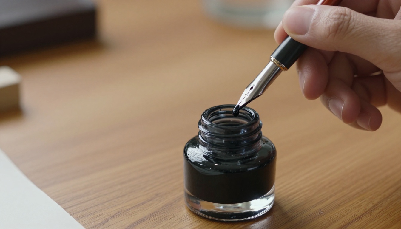Calligrapher's hand dipping a glass pen into a crystal inkwell with an ink droplet suspended mid-air