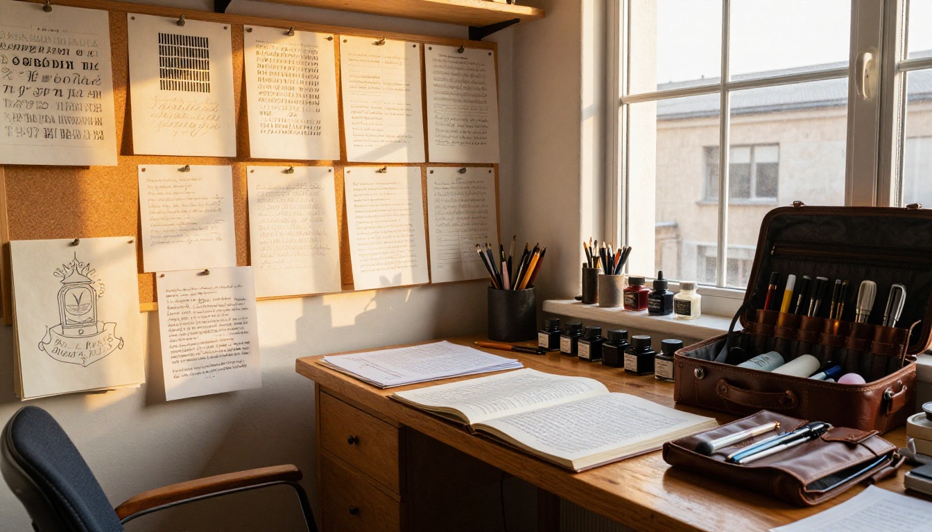 Calligrapher working at a large studio desk with portfolio pages organized around her