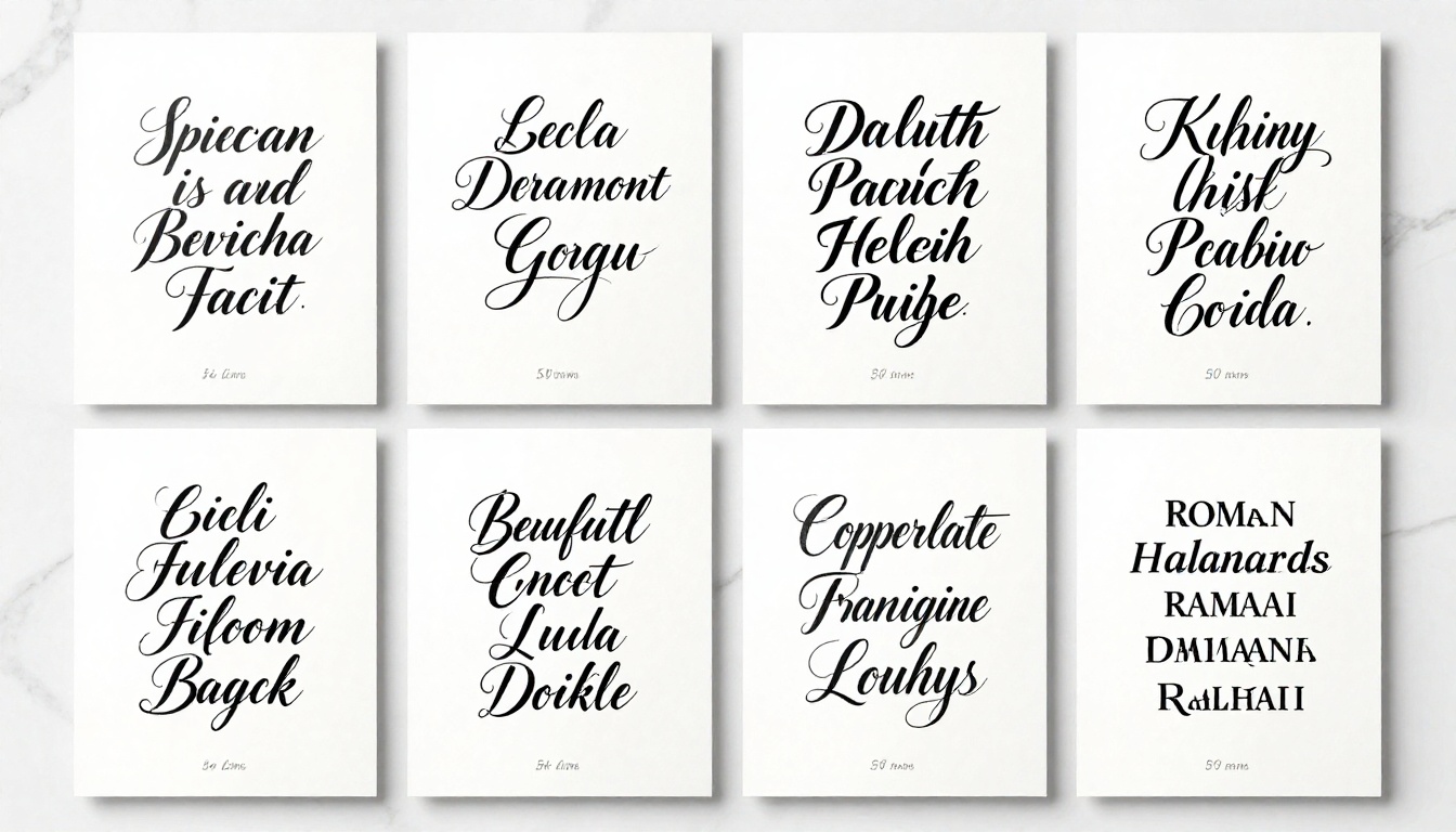 Six distinct calligraphy script styles displayed on separate sheets in a flat lay arrangement
