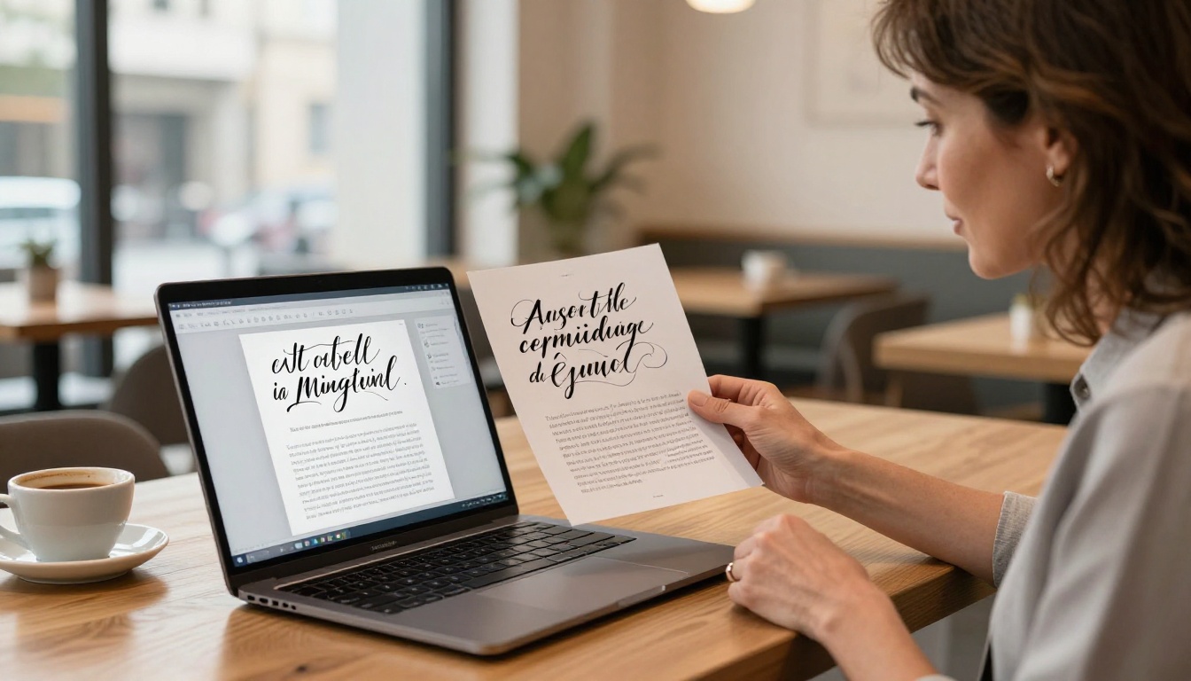 Business client reviewing a calligraphy portfolio on a laptop at a coffee shop