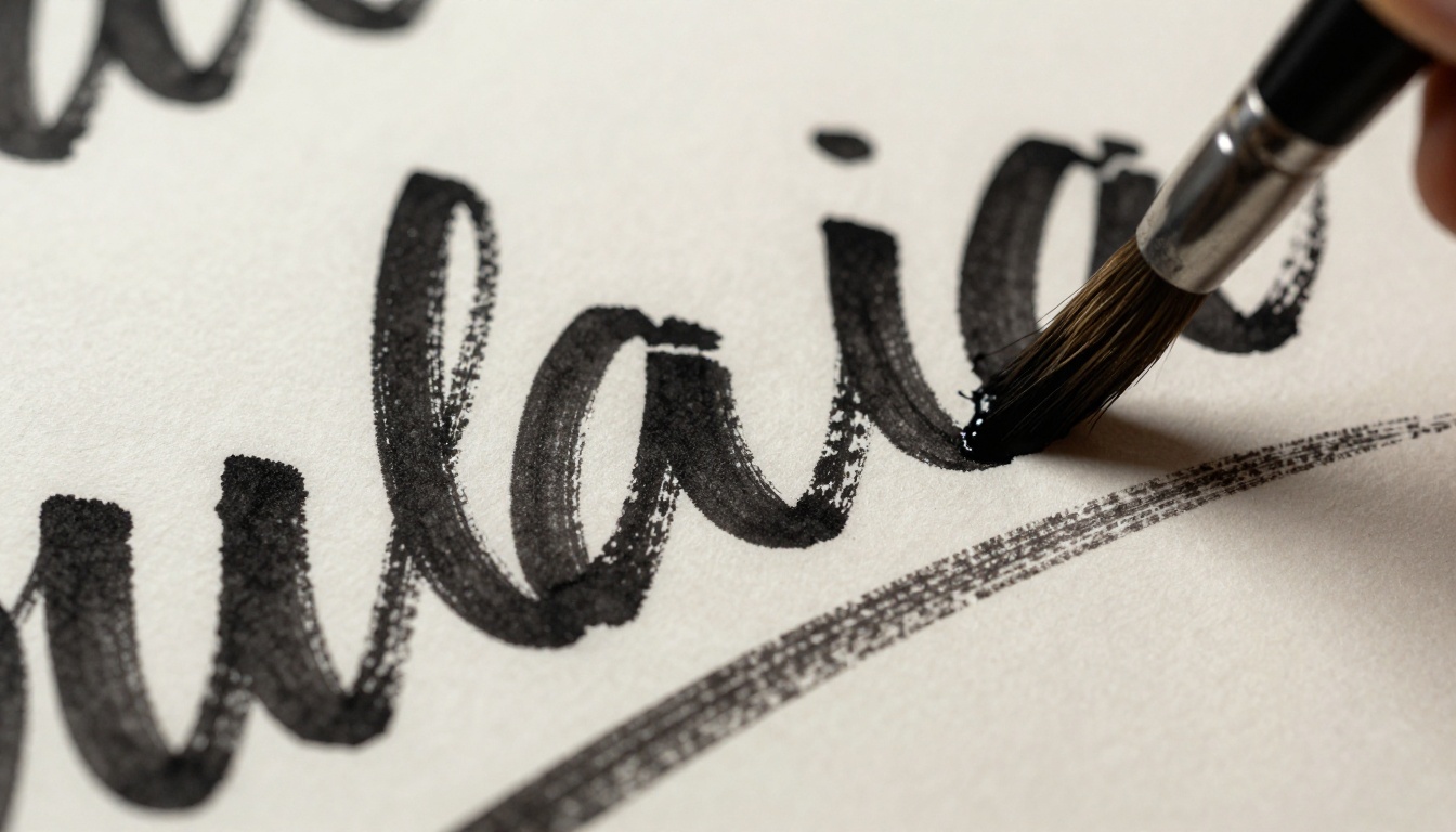 Macro close-up of broad brush lettering strokes on thick watercolor paper with sumi ink