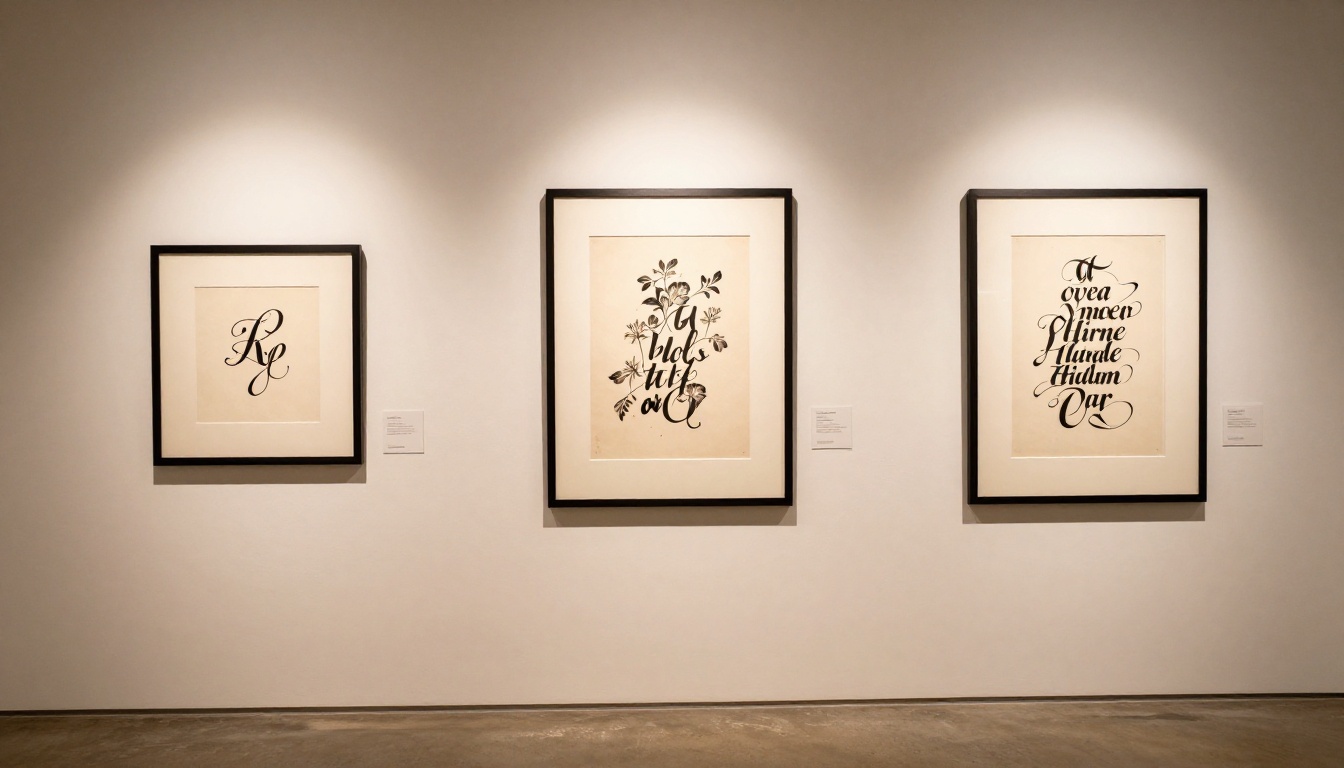 Three elegant calligraphy artworks in thin black frames displayed on a white gallery wall under gallery spotlights